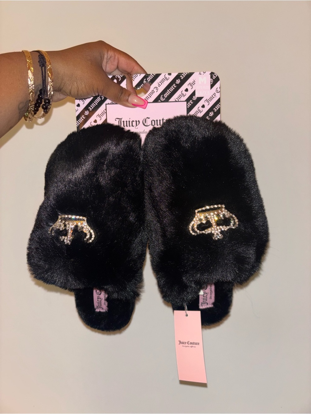 Juicy Couture Black Faux-Fur Crystal Emblem Slides